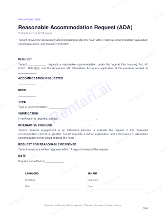 First page of Reasonable Accommodation Request (ADA) for All, with a Rentari watermark