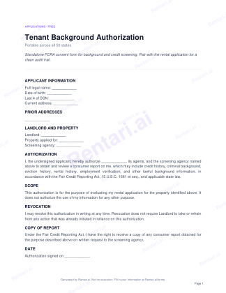 First page of Tenant Background Authorization for All, with a Rentari watermark