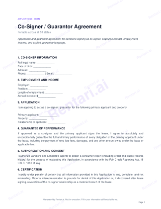 First page of Co-Signer / Guarantor Agreement for All, with a Rentari watermark