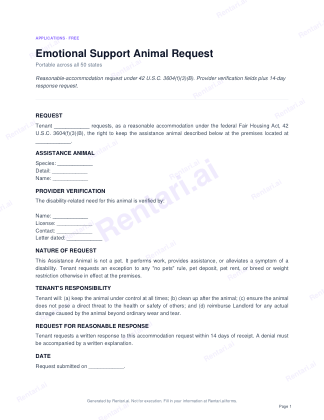 First page of Emotional Support Animal Request for All, with a Rentari watermark