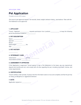 First page of Pet Application for All, with a Rentari watermark