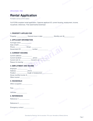 First page of Rental Application for All, with a Rentari watermark