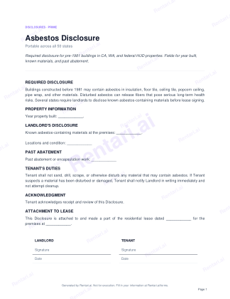 First page of Asbestos Disclosure for All, with a Rentari watermark