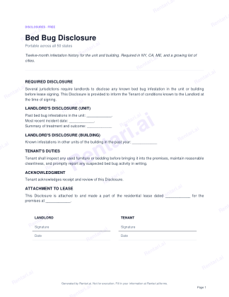First page of Bed Bug Disclosure for All, with a Rentari watermark