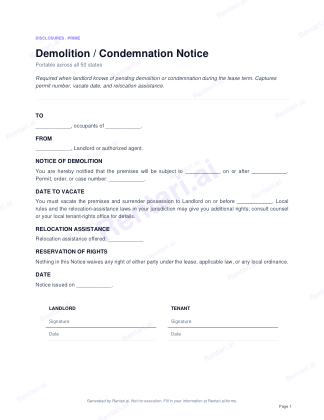 First page of Demolition / Condemnation Notice for All, with a Rentari watermark