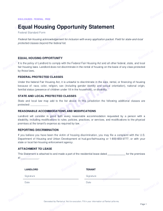 First page of Equal Housing Opportunity Statement for US, with a Rentari watermark