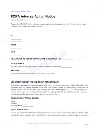 First page of FCRA Adverse Action Notice for US, with a Rentari watermark