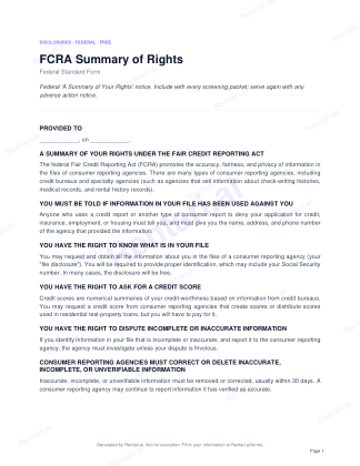 First page of FCRA Summary of Rights for US, with a Rentari watermark