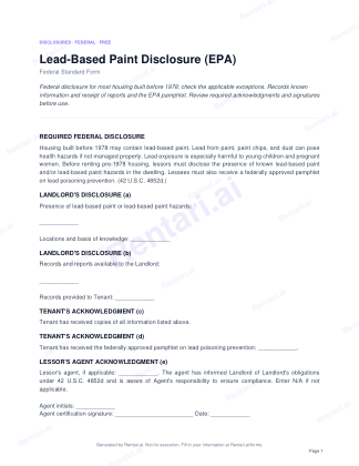 First page of Lead-Based Paint Disclosure (EPA) for US, with a Rentari watermark