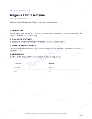 First page of Megan's Law Disclosure for California, with a Rentari watermark