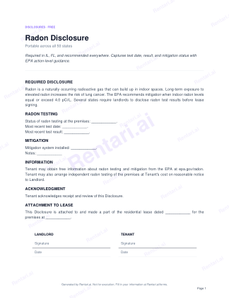 First page of Radon Disclosure for All, with a Rentari watermark