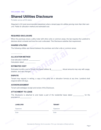 First page of Shared Utilities Disclosure for All, with a Rentari watermark