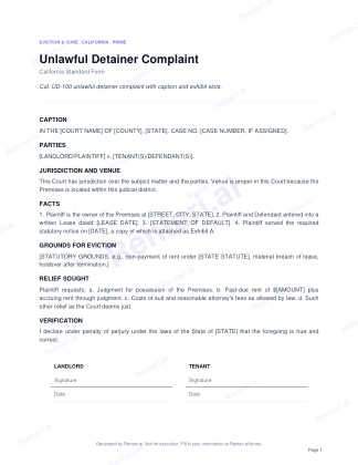 First page of Unlawful Detainer Complaint for California, with a Rentari watermark