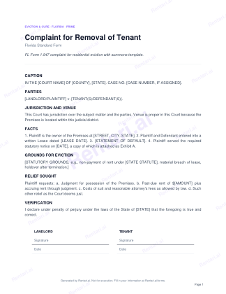 First page of Complaint for Removal of Tenant for Florida, with a Rentari watermark