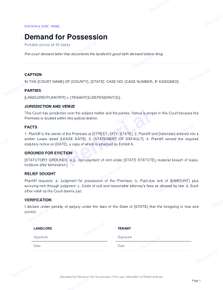 First page of Demand for Possession for All, with a Rentari watermark