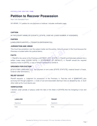 First page of Petition to Recover Possession for New York, with a Rentari watermark