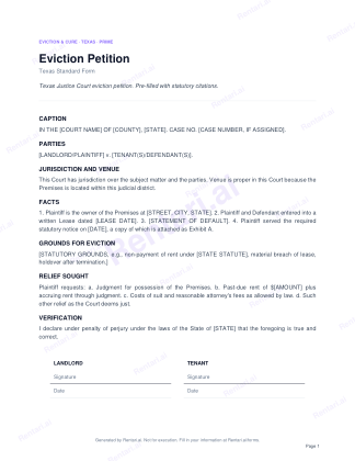 First page of Eviction Petition for Texas, with a Rentari watermark