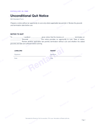 First page of Unconditional Quit Notice for MA, with a Rentari watermark