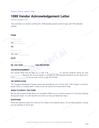 First page of 1099 Vendor Acknowledgement Letter for US, with a Rentari watermark