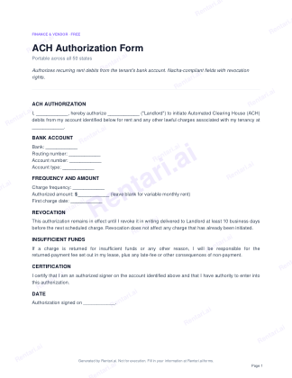 First page of ACH Authorization Form for All, with a Rentari watermark