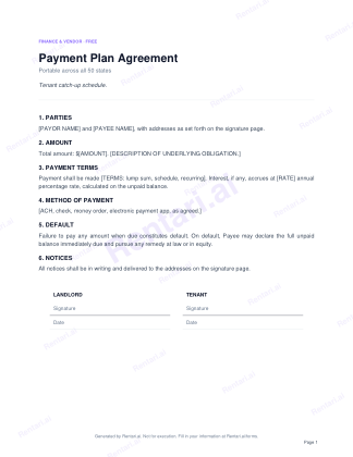 First page of Payment Plan Agreement for All, with a Rentari watermark