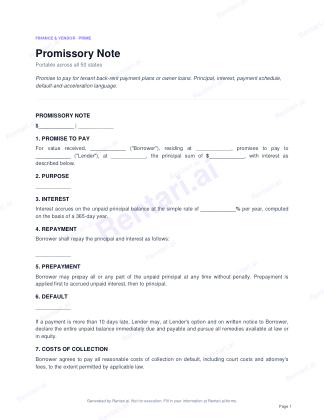 First page of Promissory Note for All, with a Rentari watermark