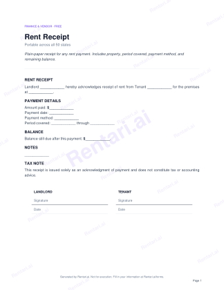 First page of Rent Receipt for All, with a Rentari watermark