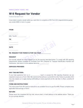 First page of W-9 Request for Vendor for US, with a Rentari watermark