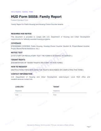 First page of HUD Form 50058: Family Report for US, with a Rentari watermark