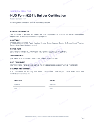 First page of HUD Form 92541: Builder Certification for US, with a Rentari watermark
