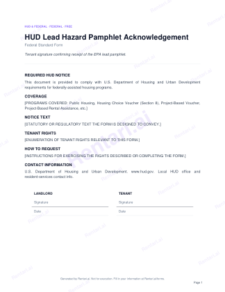 First page of HUD Lead Hazard Pamphlet Acknowledgement for US, with a Rentari watermark