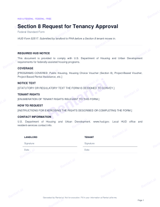 First page of Section 8 Request for Tenancy Approval for US, with a Rentari watermark
