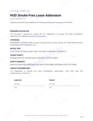 First page of HUD Smoke-Free Lease Addendum for US, with a Rentari watermark