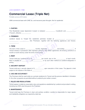 First page of Commercial Lease (Triple Net) for All, with a Rentari watermark