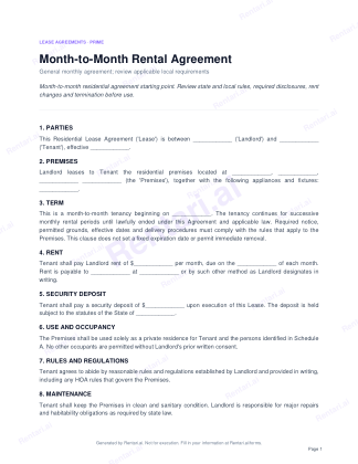 First page of Month-to-Month Rental Agreement for All, with a Rentari watermark