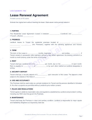 First page of Lease Renewal Agreement for All, with a Rentari watermark