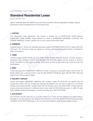 First page of Standard Residential Lease for Alaska, with a Rentari watermark