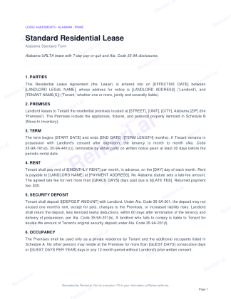 First page of Standard Residential Lease for Alabama, with a Rentari watermark