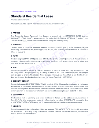 First page of Standard Residential Lease for Arkansas, with a Rentari watermark