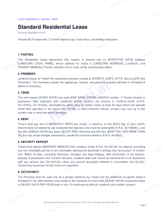 First page of Standard Residential Lease for Arizona, with a Rentari watermark