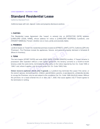 First page of Standard Residential Lease for California, with a Rentari watermark
