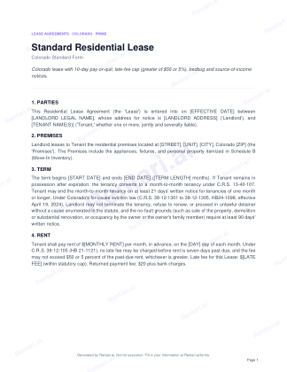 First page of Standard Residential Lease for Colorado, with a Rentari watermark