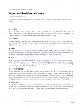 First page of Standard Residential Lease for Connecticut, with a Rentari watermark