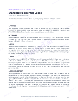 First page of Standard Residential Lease for District of Columbia, with a Rentari watermark