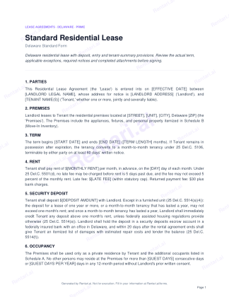 First page of Standard Residential Lease for Delaware, with a Rentari watermark