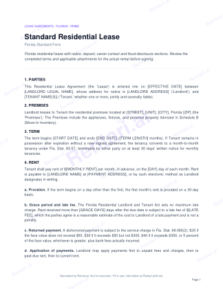 First page of Standard Residential Lease for Florida, with a Rentari watermark