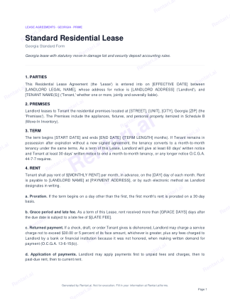 First page of Standard Residential Lease for Georgia, with a Rentari watermark