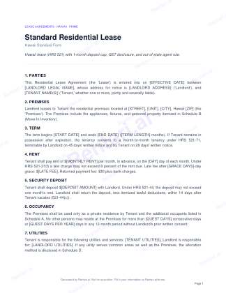 First page of Standard Residential Lease for Hawaii, with a Rentari watermark