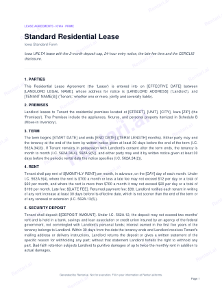 First page of Standard Residential Lease for Iowa, with a Rentari watermark