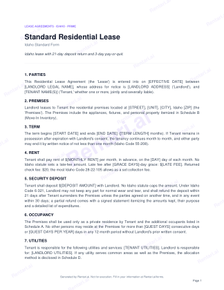 First page of Standard Residential Lease for Idaho, with a Rentari watermark